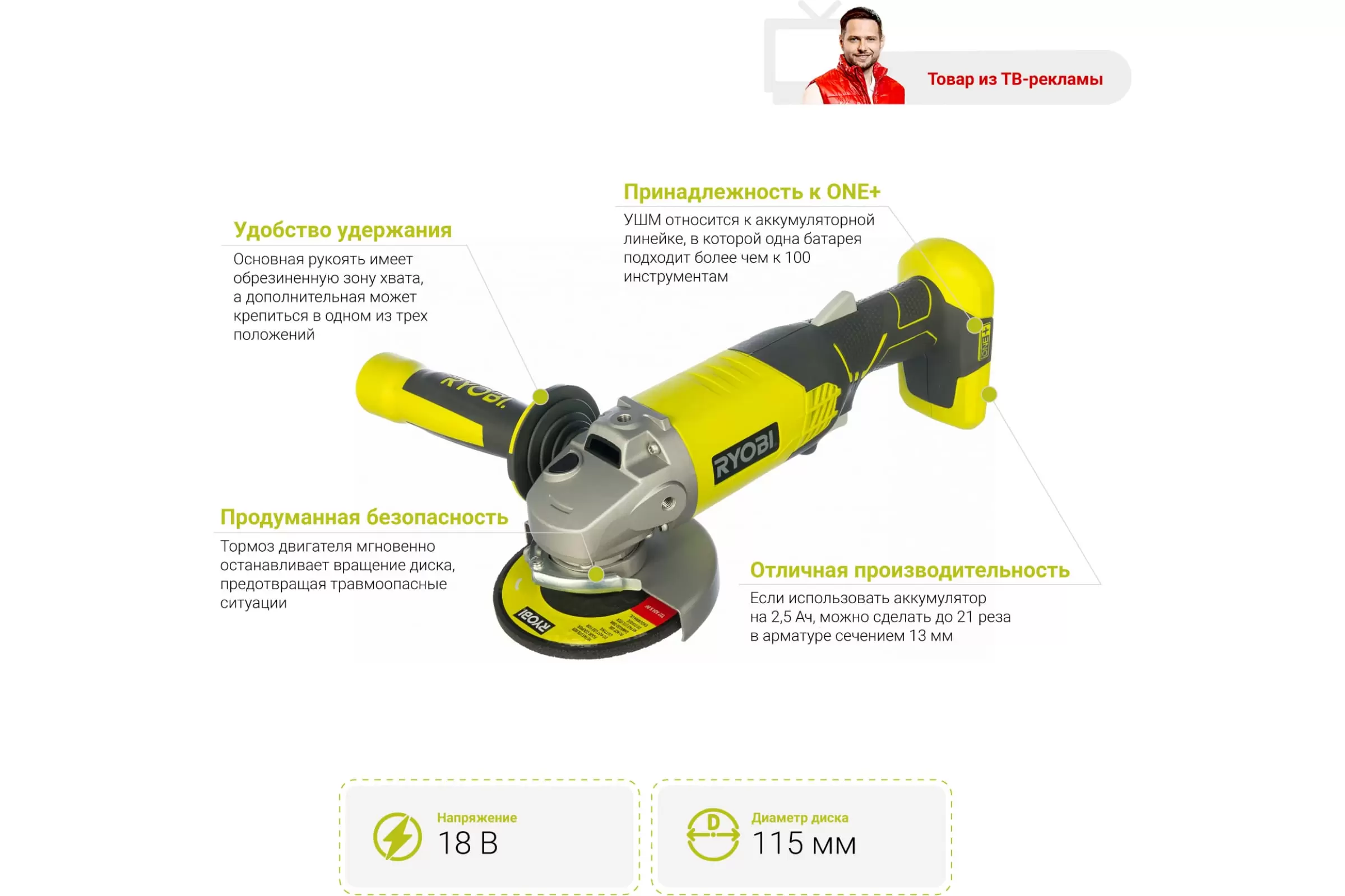 Аккумуляторная угловая шлифмашина Ryobi ONE+ R18AG-0 (5133001903)